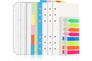 Antner A6 Refill Paper Planner Inserts for A6 6 Ring Notebook Binder, 135 Sheets Lined Filler Paper, 3 Binder Pockets & 10 Dividers & 160PCS Neon Sticky Tabs for Refillable Personal Planners Journals