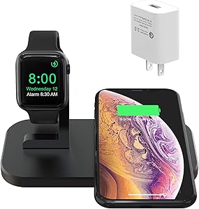 BNCHI 2 in 1 Aluminum Alloy iPhone iwatch Wireless Charging Station Compatible iPhone 11/11 PRO/X/XR/XS/XS MAX/8 Plus/8 and Watch 5/4/3/2/1(with QC3.0 Adapter,No iWatch Cable) (Black)