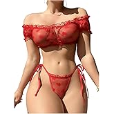 OYOANGLE Women's 2 Piece Lingerie Set Mesh Sheer Lettuce Trim Tie Front Bra and Thong Sets