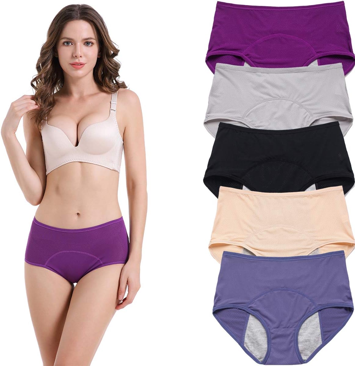 Women's Mid Rise Plus Size Postpartum Menstrual Period Protective Panties Mesh Holes Breathable Leakproof Knickers Underwear (5 Pack)