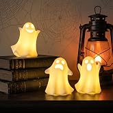 Ceramic Ghost Decor, Light Up Ghost Figurines for Halloween with Timer | 3Pcs Small Lighted Ghost Statues for Cute Table Decor, Spooky Home Halloween Indoor Mantle Centerpiece, Battery Included