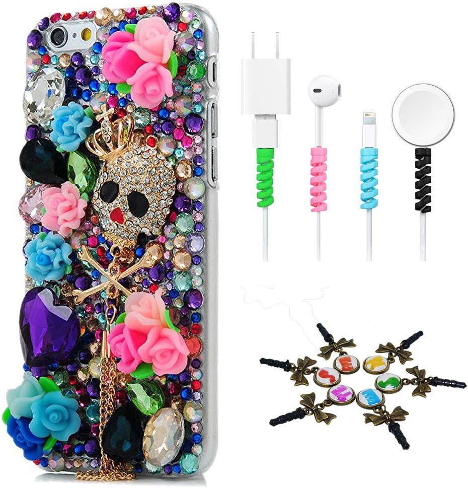 STENES Bling Case Compatible with iPhone XR - Stylish - 3D Handmade [Sparkle Series] Crown Skull Chain Pendant Flowers Design Cover with Cable Protector [4 Pack] - Colorful