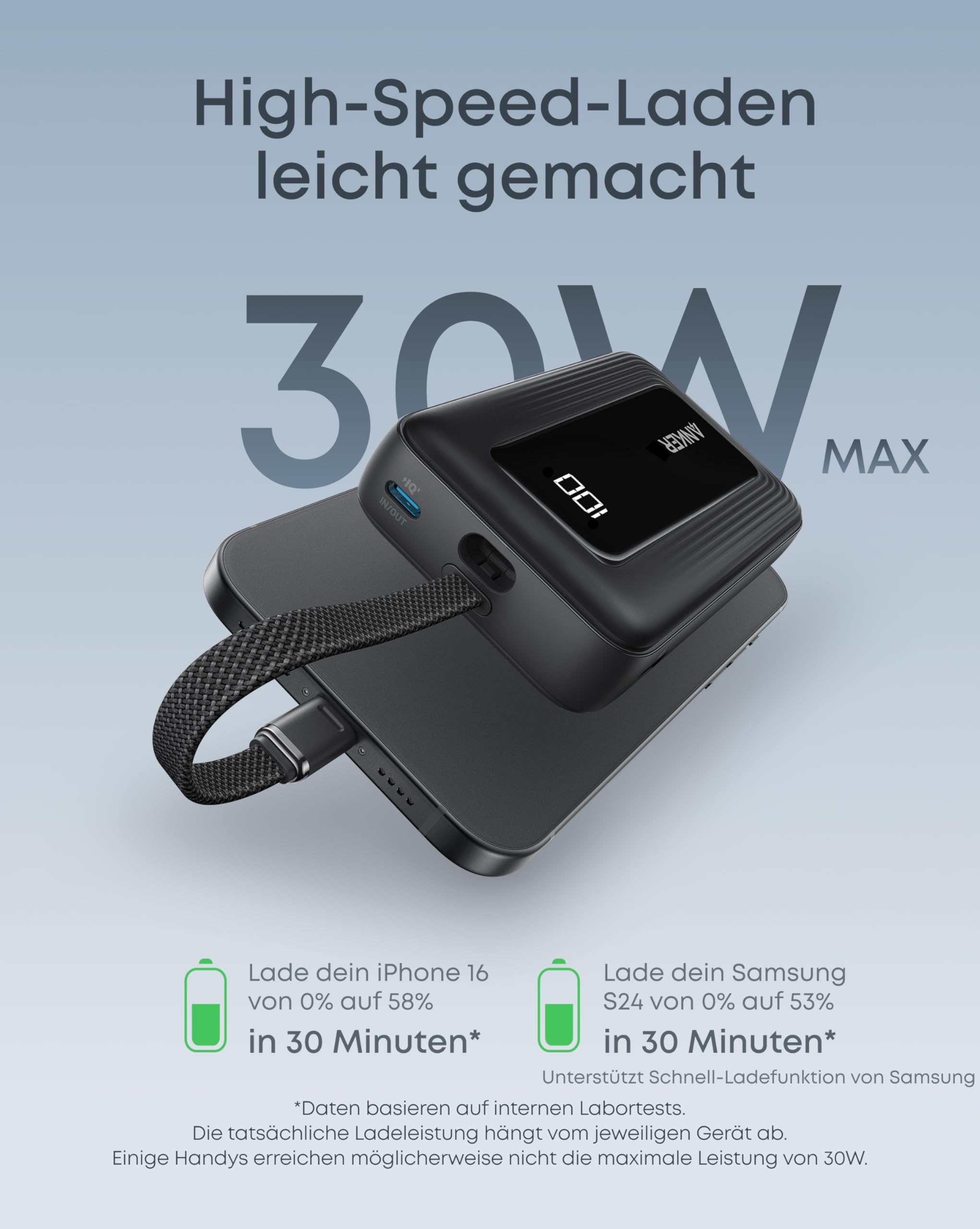 Anker Zolo Powerbank (2025 Upgrade), 20000mAh, 30W High-Speed-Ladegerät mit integriertem USB-C Kabel, Akku-Pack für iPhone 17/16/15-Serie, Galaxy und mehr 2