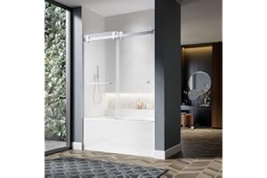 UNIKOO Double Sliding Frameless Bathtub Doors - Fits 61"-65" Widths, 66" Height - 3/8" Tempered Glass - 5 Hardware Finishes - Brushed Nickel, Chrome, Matte Black, Satin Brass, Space Gray, BN