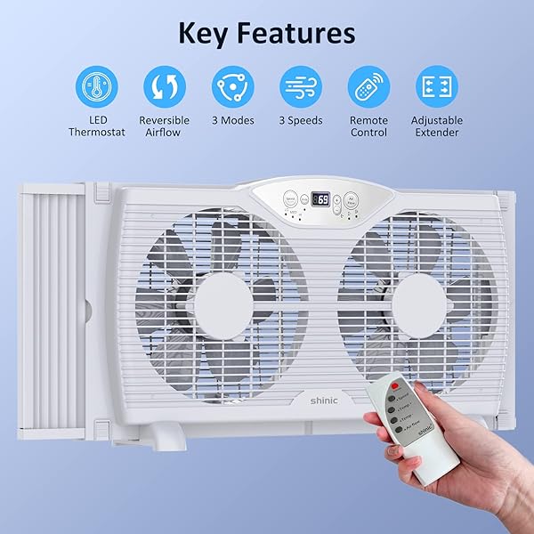 SHINIC TWIN WINDOW FAN, 9-INCH BLADES REVERSIBLE AIRFLOW, THERMOSTAT CONTROL, 3 SPEEDS, 23.8″-37″ EXPANDABLE WIDTH, WINDOW EXCHAUST FANS FOR HOME BEDROOM, ETL CERTIFIED