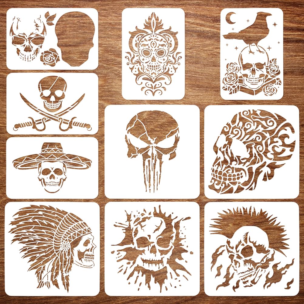 FINGERINSPIRE 10Pcs Skull Spraying Stencils 21x29.7cm 30x30cm Skeleton Crows Vampire Painting Large Stencil Reusable Horror Theme Big Templates for Porch Sign Door Hanger Holiday Decor