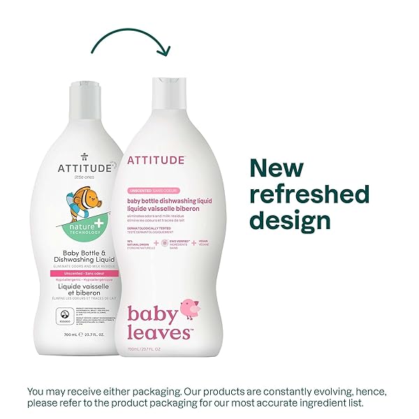 ATTITUDE BABY BOTTLE & DISH SOAP, EWG VERIFIED BOTTLE CLEANER, FRAGRANCE FREE & DYE FREE, REMOVES MILK RESIDUE & GREASE, VEGAN, UNSCENTED, 23.7 FL OZ