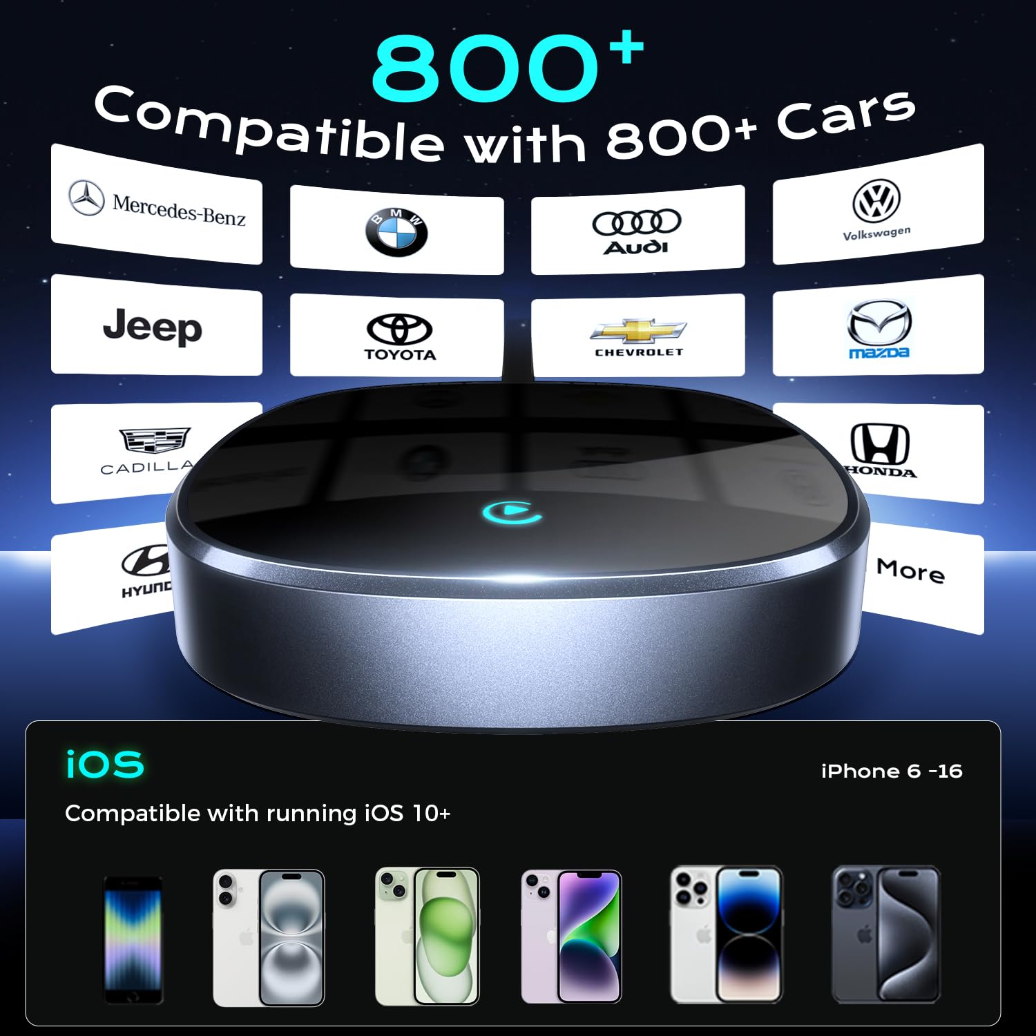 2025 Upgraded Wireless CarPlay Adapter, Hidden Interface, Converts Wired to Wireless, Plug & Play, Compatible with iPhone (iOS 10 and Above) for Cars 2016+ - Black