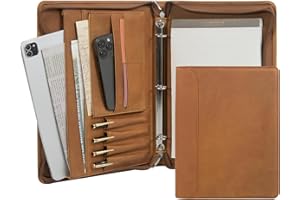 AZXCG Men's Genuine Leather Business Portfolio, Zippered Padfolio Organizer 3-Ring Binder, Organized Portfolio with Pen Rings, Business Card Holder, File Pocket, Holds 99% of iPad and Kindle Fire.