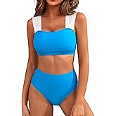 Blooming Jelly Women High Waisted Bikini Sets Color Block Tummy Control Swimsuits Retro Square Neck Sporty Bathing Suit