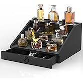 upcessory Wooden Cologne Organizer for Men Enhanced 4 Tier Cologne Stand Shelf Perfume Organizer with Velvet Lined Drawer & Hidden Storage Perfume Display Holder for Dresser Nice Gift (Classy Black)