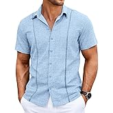 Runcati Mens Short Sleeve Guayabera Shirts Cuban Button Down Casual Shirt Summer Vacation Wedding Embroidered Linen Tops