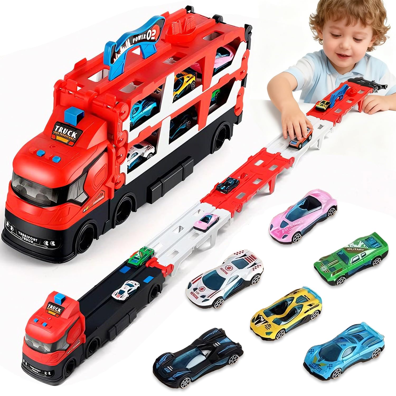 Carrier Truck Toys for Kids,Race Track Truck, Portable Transport Trucks Toys with 16Mini Race Cars,Catapult Railcar Toy,Vehicles Toy Set for Kids, Gift for Birthday/Christmas