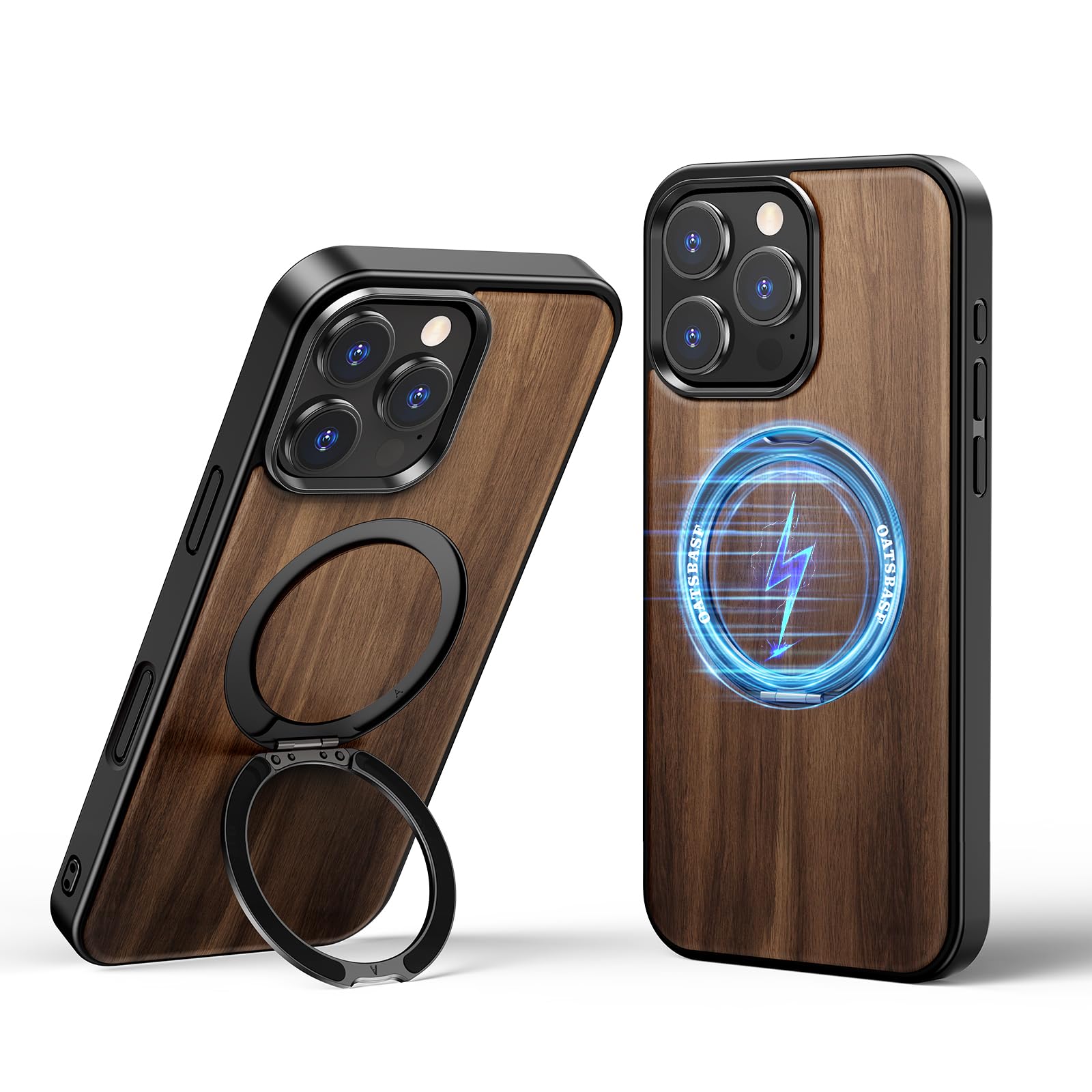 Photo 1 of OATSBASF for iPhone 16 Pro 6.3" Magnetic Wood Case, Shockproof Protective with Ring Stand, Real Wooden Overlay on Soft Black TPU Compatible with iPhone 16 Pro 6.3", Black
