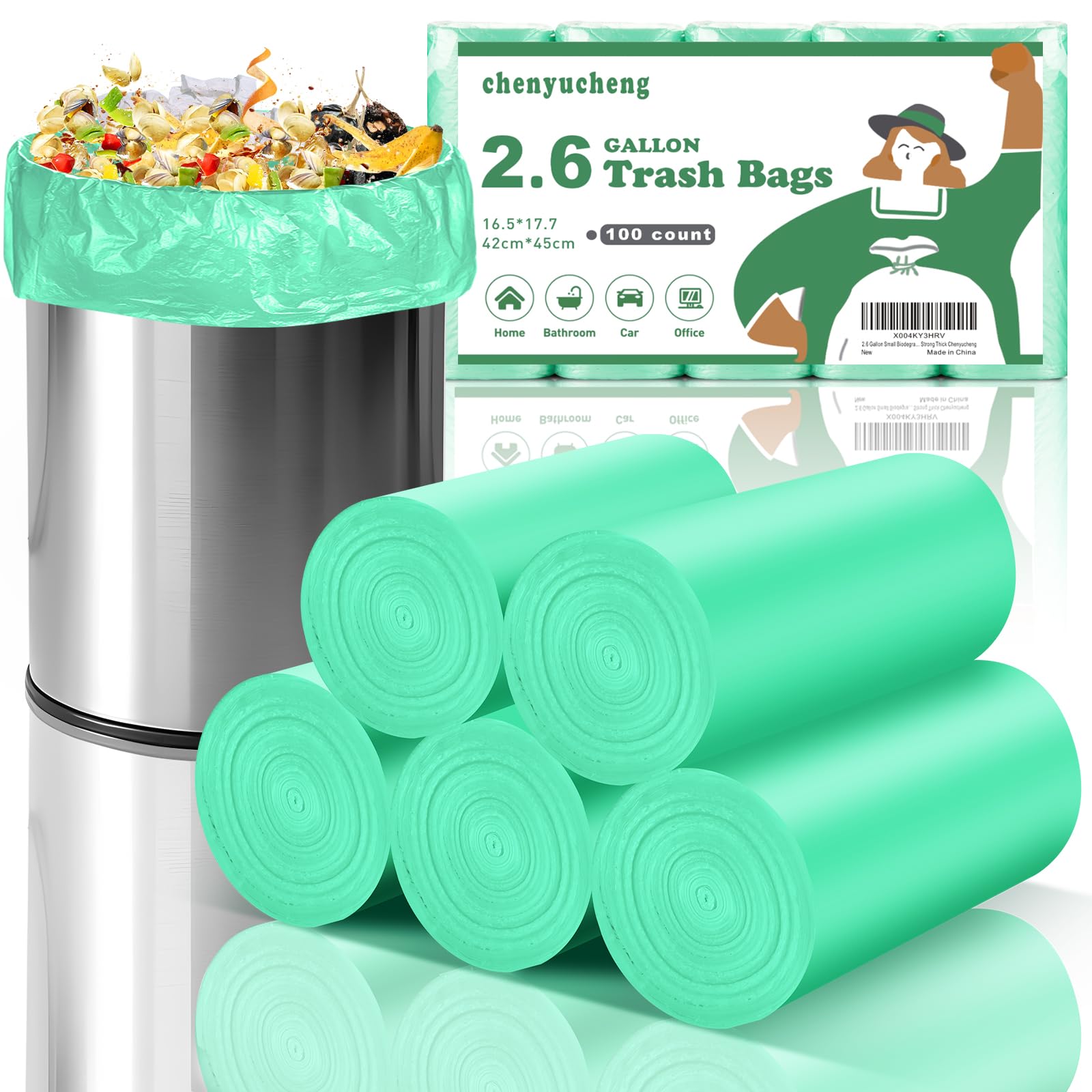 Photo 1 of 2.6 Gallon Small Biodegradable Trash Bag - Mini Kitchen Bathroom Garbage Bags Green Unscented Compostable 100 Count 10 Liter Waste Basket Liners Office Tiny Car Bulk Strong Thick Chenyucheng