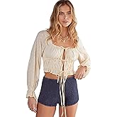 Nasty Gal Womens Broderie Ruched Tie Front Balloon Sleeve Top
