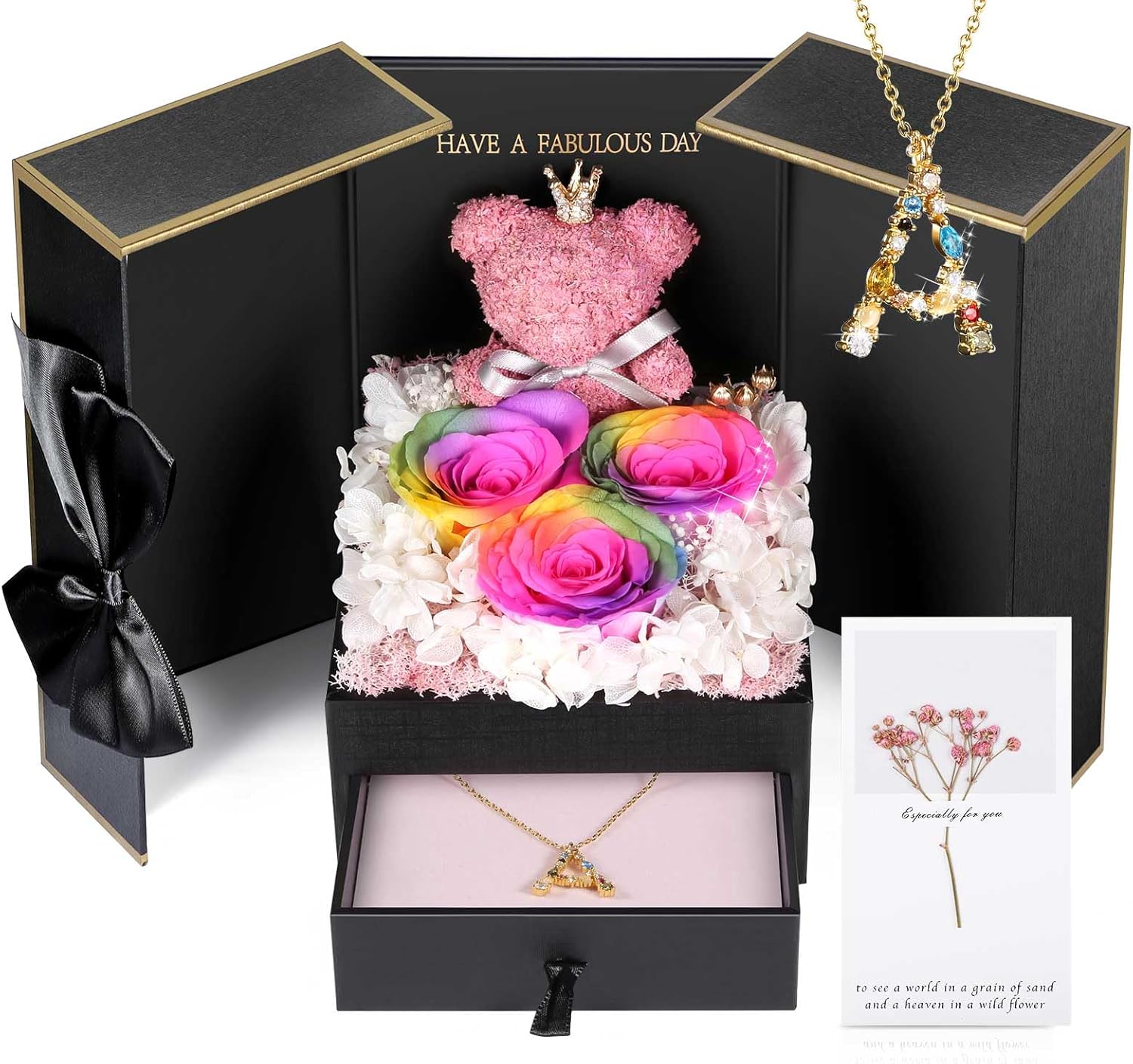 Dried & Preserved Flora - ADDWel Preserved Real Roses Gift with 18K Gold-Plated Initial Necklace, Cute Moss Bear and Rainbow Fresh Flowers, Meaningful Birthday Anniversary Presents for Her, Girlfriend, Mom, Wife, Sister