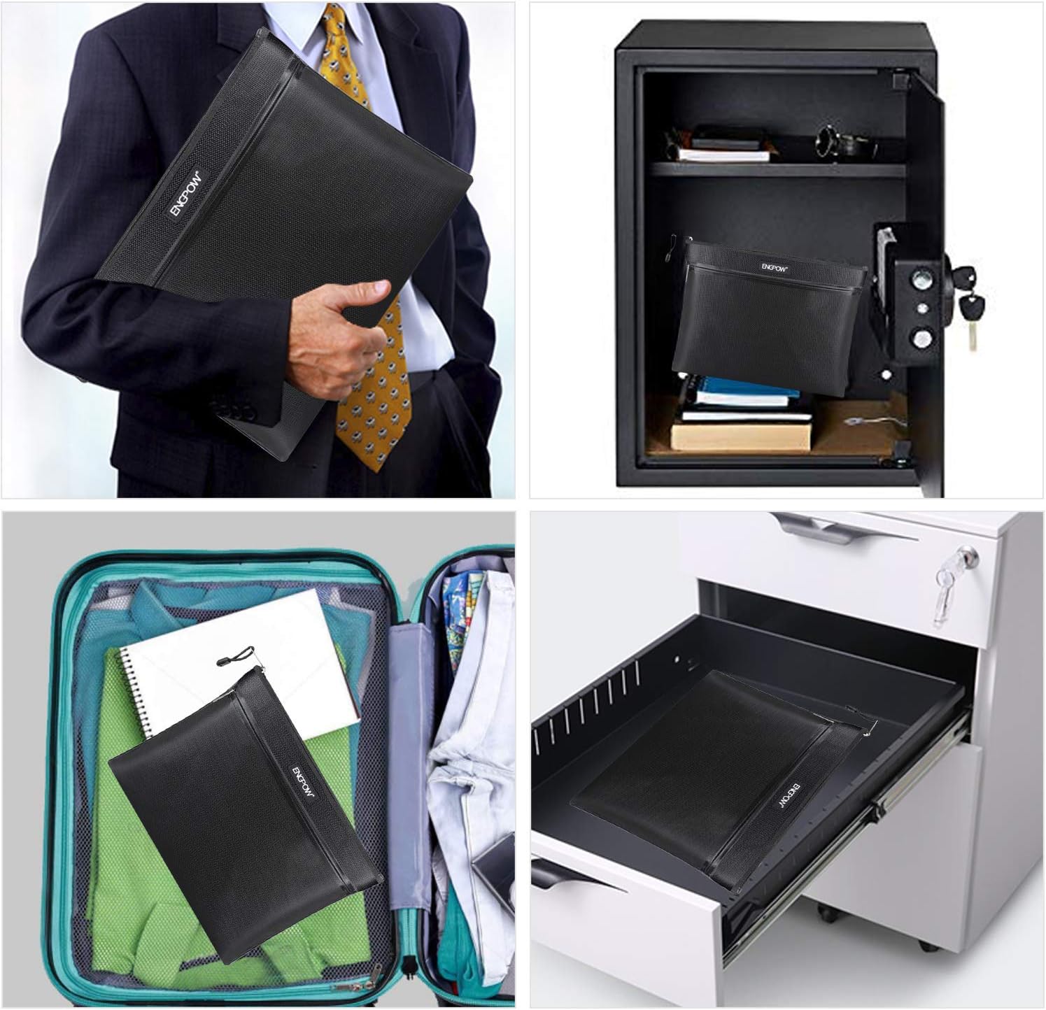 Fireproof Document Bag Two Pockets Two Zippers, ENGPOW Fireproof Safe Bag 13.4”x 10.2” Waterproof and Fireproof Money Bag Money Safe Pouch File Storage for A4 Document Holder, Cash and Tablet : Office Products