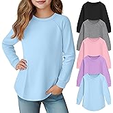 LessonZoo 5 Pack Girls' Long Sleeve Shirts Curve Hem Crewneck Tops Raglan Loose Fit Casual Kids Basic Tees Fall