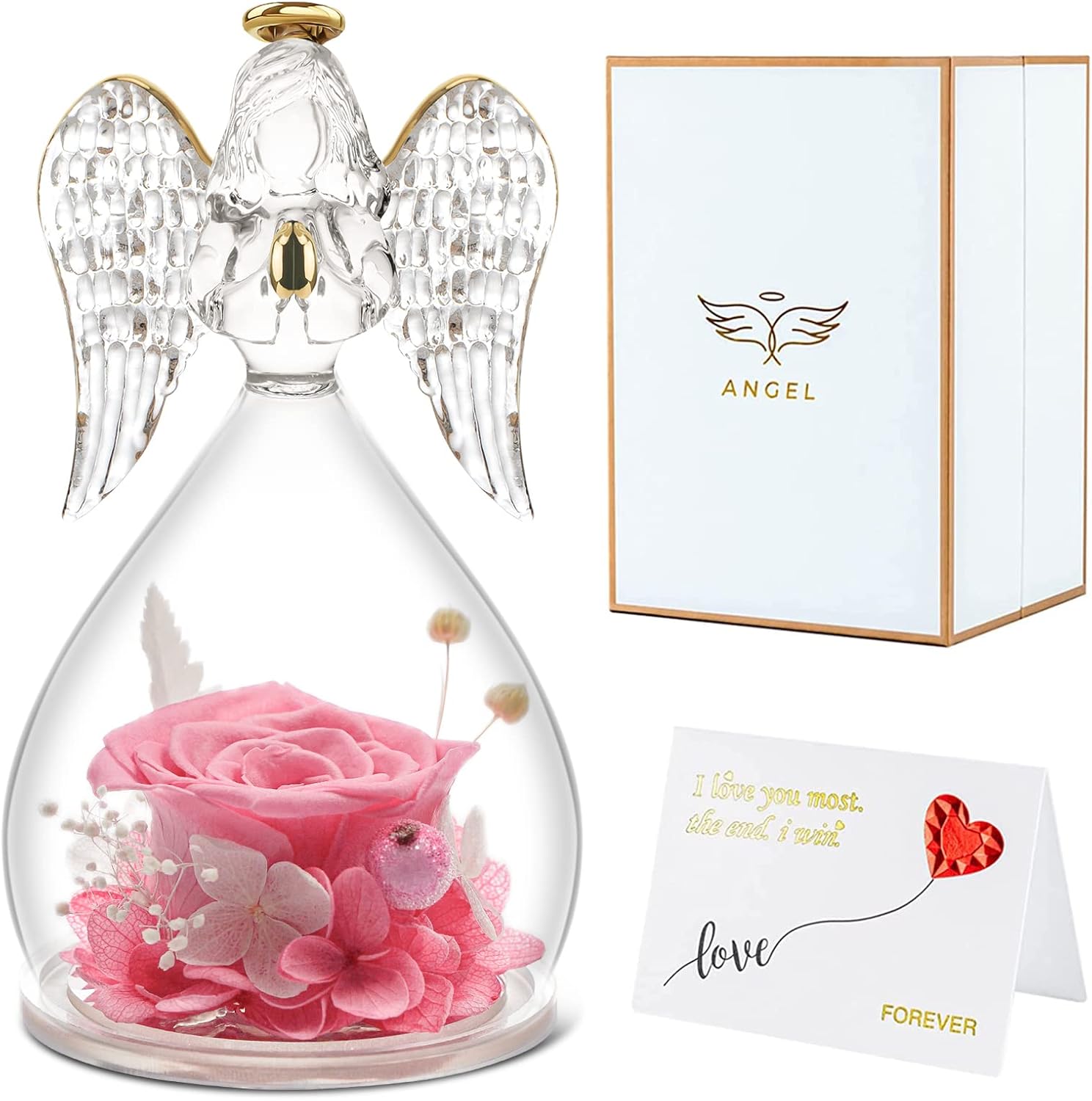 Dried & Preserved Flora - Angels Roses Gifts for Mom Grandma, Handmade Angels Figurines Preserved Real Rose Mom Birthday Gifts, Glass Angel Gifts for Women Wife Mother on Anniversary Mothers Day Valentines Day Christmas