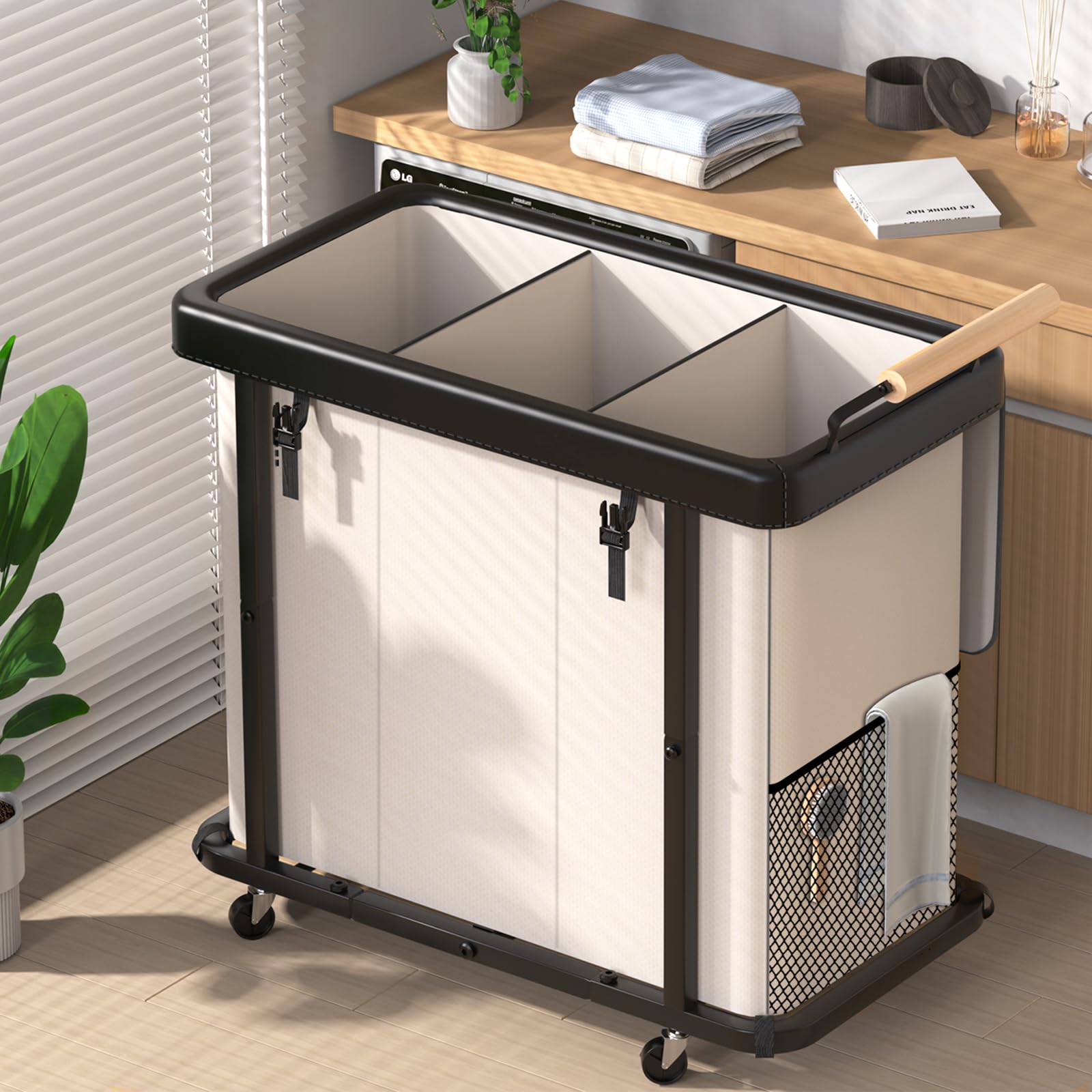 Photo 1 of 60 Gal (230L) Laundry Hamper 3 Section with Lid, Leather Patchwork Laundry Sorter with Rolling Lockable Wheels and Handle, Laundry Basket Organizer for Laundry Room, Bedroom and Bathroom - Beige