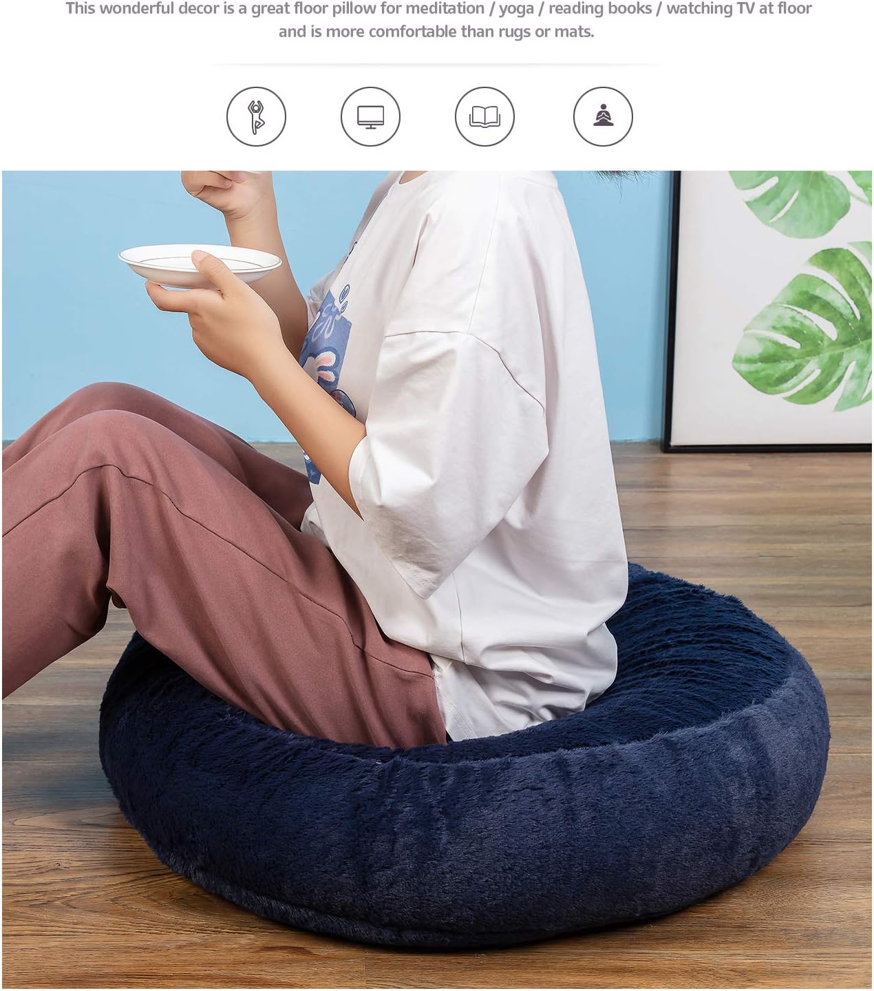 HIGOGOGO Thick Round Floor Pillow, Long Faux Fur Floor Cushion with Removable Cover Thickness: 8" Soft Fluffy Meditation Cushion Thick Round Pouf Seating for Living Room Bedroom Sofa, Navy, 24"x24": Kitchen & Dining