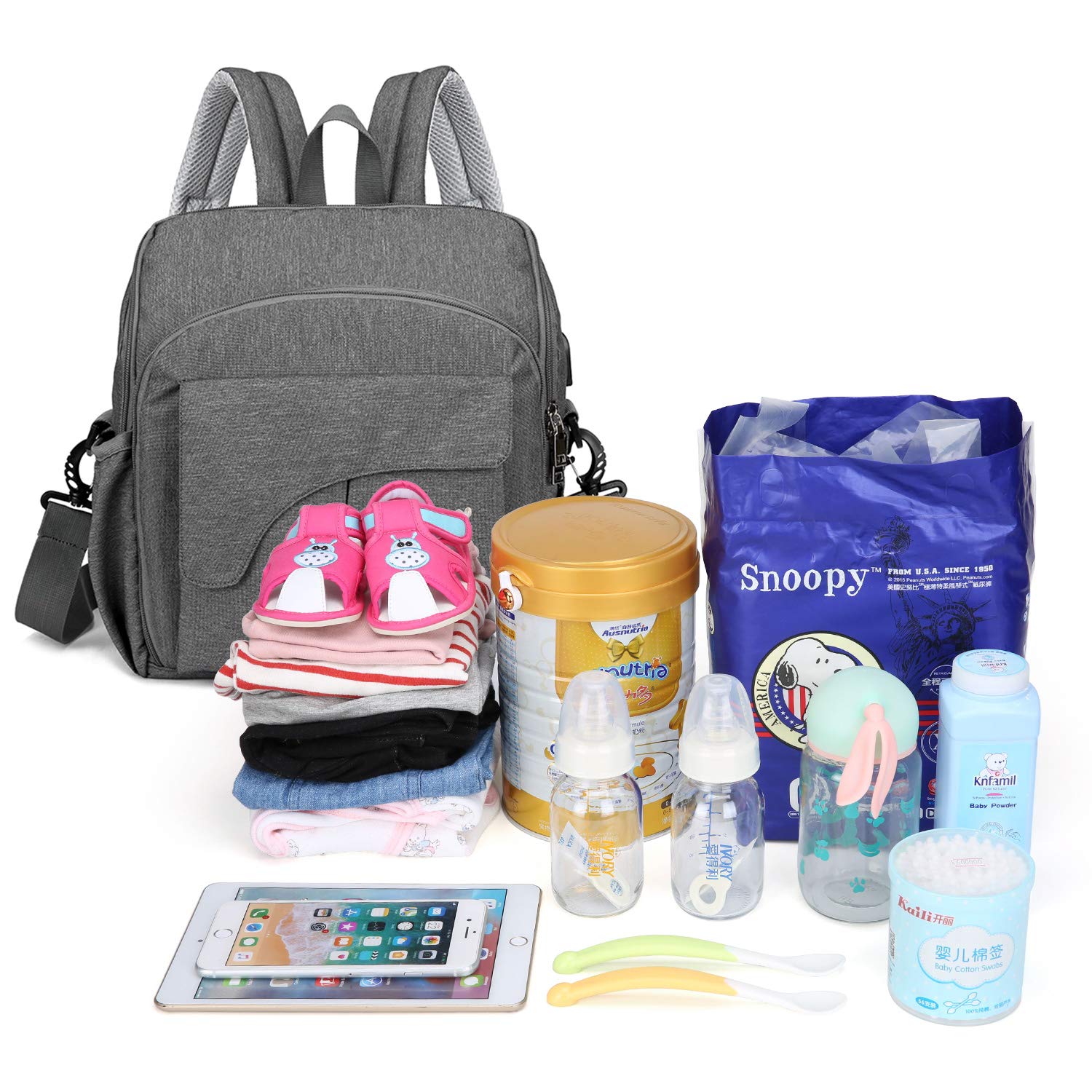 SENWOW Diaper Bag, Mom\'s All-Around Helper Changing Bag Portable Multifunctional Baby Bag Backpack Chair Fixing Function, Grey