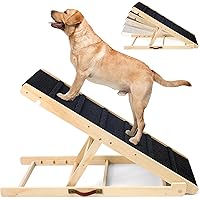 Wooden Dog Stairs, Adjustable Pet Dog Ramp with 5 Height Adjustable from 10”to 24” Up to 250LBS, Non-Slip Collapsible High Tr