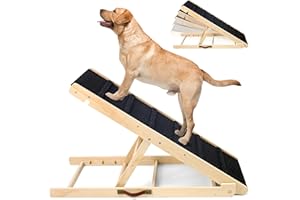 Wooden Dog Stairs, Adjustable Pet Dog Ramp with 5 Height Adjustable from 10”to 24” Up to 250LBS, Non-Slip Collapsible High Tr