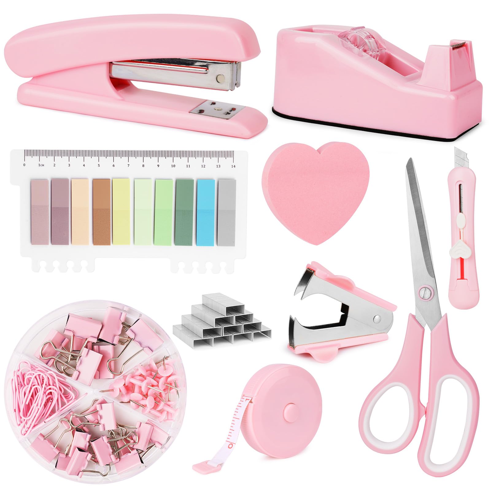 OFFCUP Desk Accessories Set, Office Supplies Kit, Includes Stapler, Tape Dispenser, Staple Remover, Staples, Clips, Scissor, Box Cutter, Tape Measure and Sticky Notes Students, Coworkers (Pink)