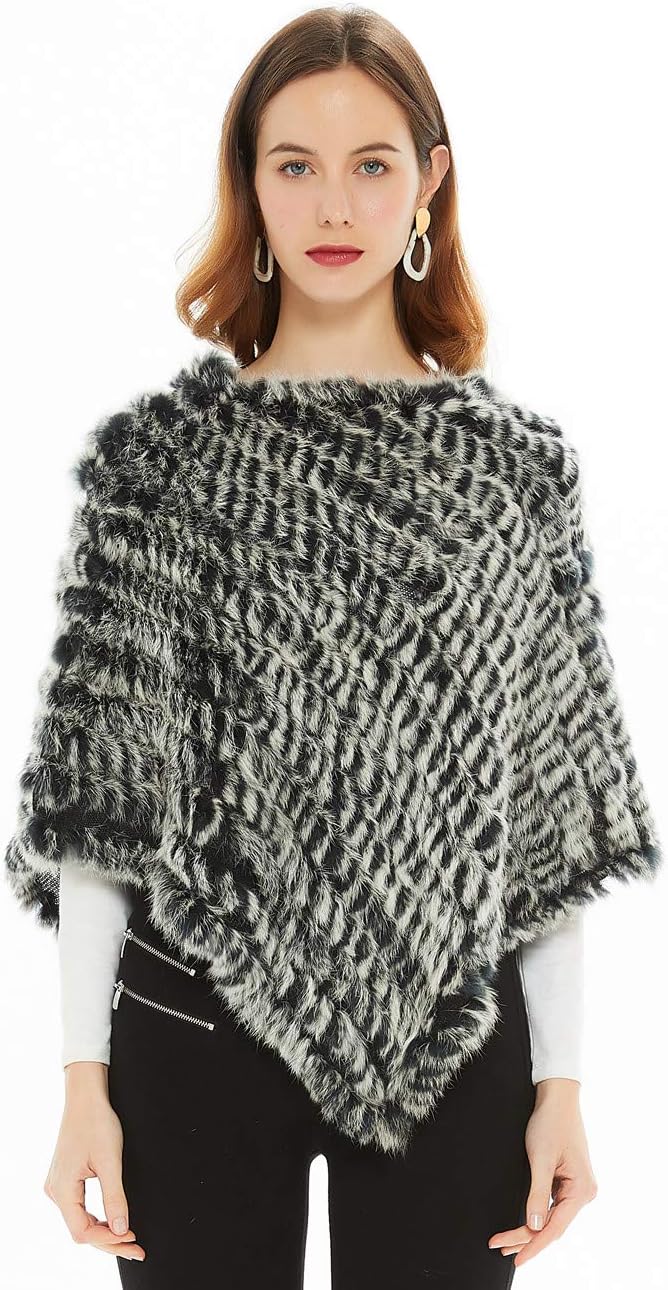 Women's Knitted Genuine Rabbit Fur Cape Poncho for Winter