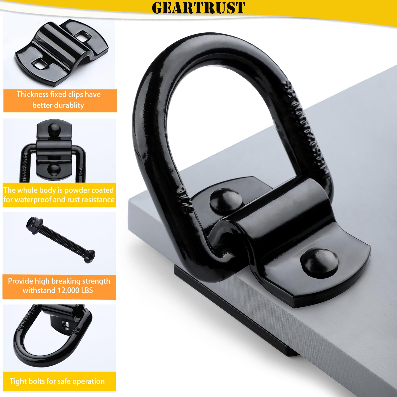 Trailer D Rings Heavy Duty Bolt-On Forged D Ring, 12000 LBS 1/2''Thick D Ring Tie Down Anchors Hooks for Truck Bed, Utility Trailers, Vans, Rvs (Pack of 4) Black