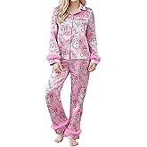 Argeousgor Women Feather Pajamas Silk Satin Lounge Sets Long Sleeve Button Down Shirts and Pants 2 Piece Pj Set