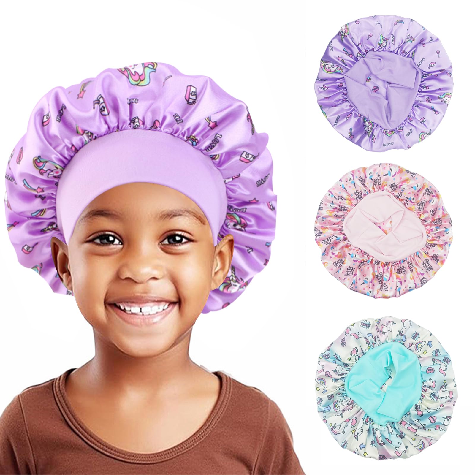 KASESSS 3 Pcs Kids Silk Bonnet for Sleeping, Cartoon Satin Nightcap, Unicorn Silk Hair Bonnet for Girls Toddler Gift