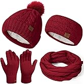 Womens Beanie Hat Infinity Scarf Touchscreen Gloves Fleece Headband 4 in 1 Winter Clothes Set Gifts for Women