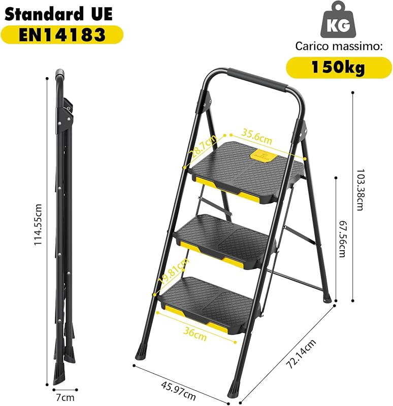 Scaletta 3 Gradini, Scala Pieghevole Domestica con Blocco di Sicurezza, Acciaio Portata 360kg con Ampio Pedale Antiscivolo, Corrimano Comoda, Cucina Casa Ufficio, Nero