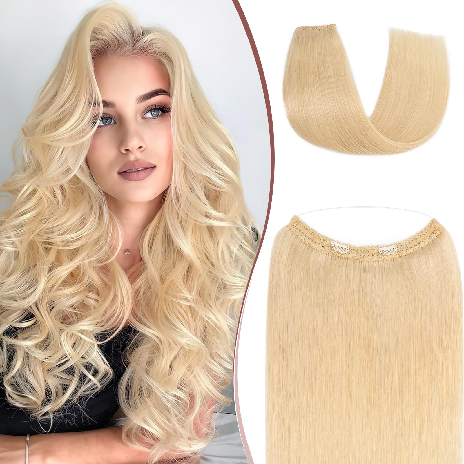 SEGOHAIR Halo Hair Extension Real Human Hair, 12 Inch 80g Straight One Piece Invisible Secret Wire Extensions Platinum Blonde Headband Remy Human Hair Perfect for Added Length & Volume
