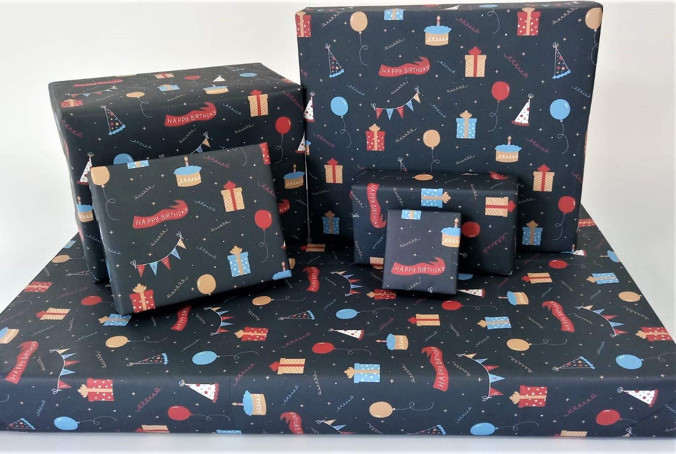 Happy Birthday Gift Wrapping Paper, Fully Recyclable 4XXL Large Sheets 85cm x 60cm Designed and Printed with Vegetable Based Inks in The UK on Premium Quality Paper.