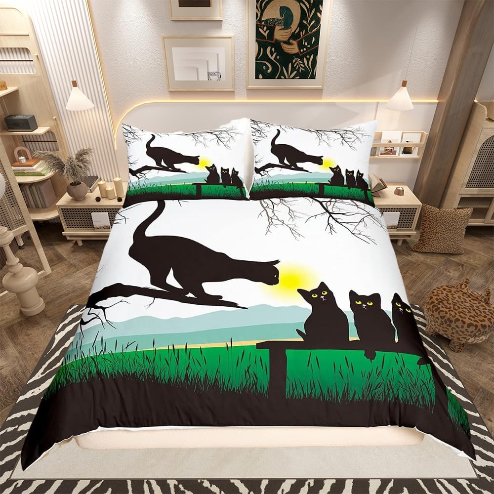 Cat Bedding Set for Boys Girls Double Size Kittens Cat Printed Duvet Cover Set Cute Animal Bedspread Cover Decorative 3 Pieces Comforter Cover Lovely Pet Lover's Quilt Cover Zipper