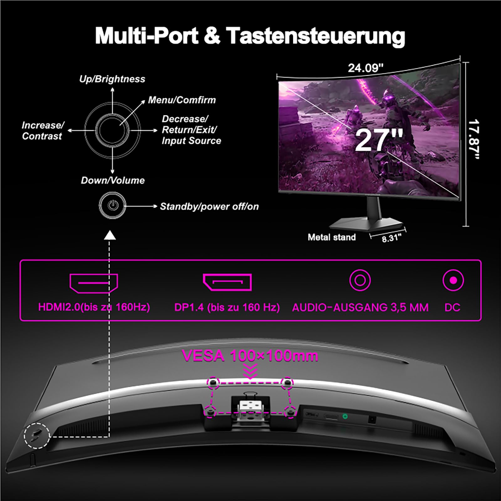 Minifire 27 Zoll Curved Gaming Monitor - 160Hz, FHD(1920x1080), VA 1500R, 1ms GtG, sRGB 110%, HDR, Adapive Sync, Blaulichtfilter, VESA 100 * 100, HDMI 2.0/DP 1.2 mit HDMI-Kabel (MFG27C1L) 9