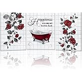 FuShvre Red Bathroom Wall Art Burgundy Grey Bathtub and Rose Paintings Pictures Canvas Inspirational Bathroom Wall Decor Framed 12"x16" each piece