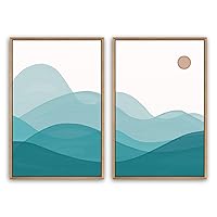 SIGNWIN Framed Canvas Print Wall Art Blue Teal Mountains with Orange Sun Landscape Wilderness Illustrations Abstract Modern Relax/Calm for Living Room, Bedroom, Office - 16