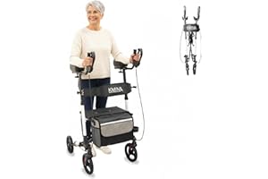 KMINA Upright Rollator Walker with Seat and Back Support, Folding Adjustable Walker for Seniors