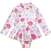 Mioglrie Toddler Girls Swimsuit One Piece Long Sleeve Ruffle Zipper Rash Guard Bathing Suit Swimwear Summer 2-6 Years