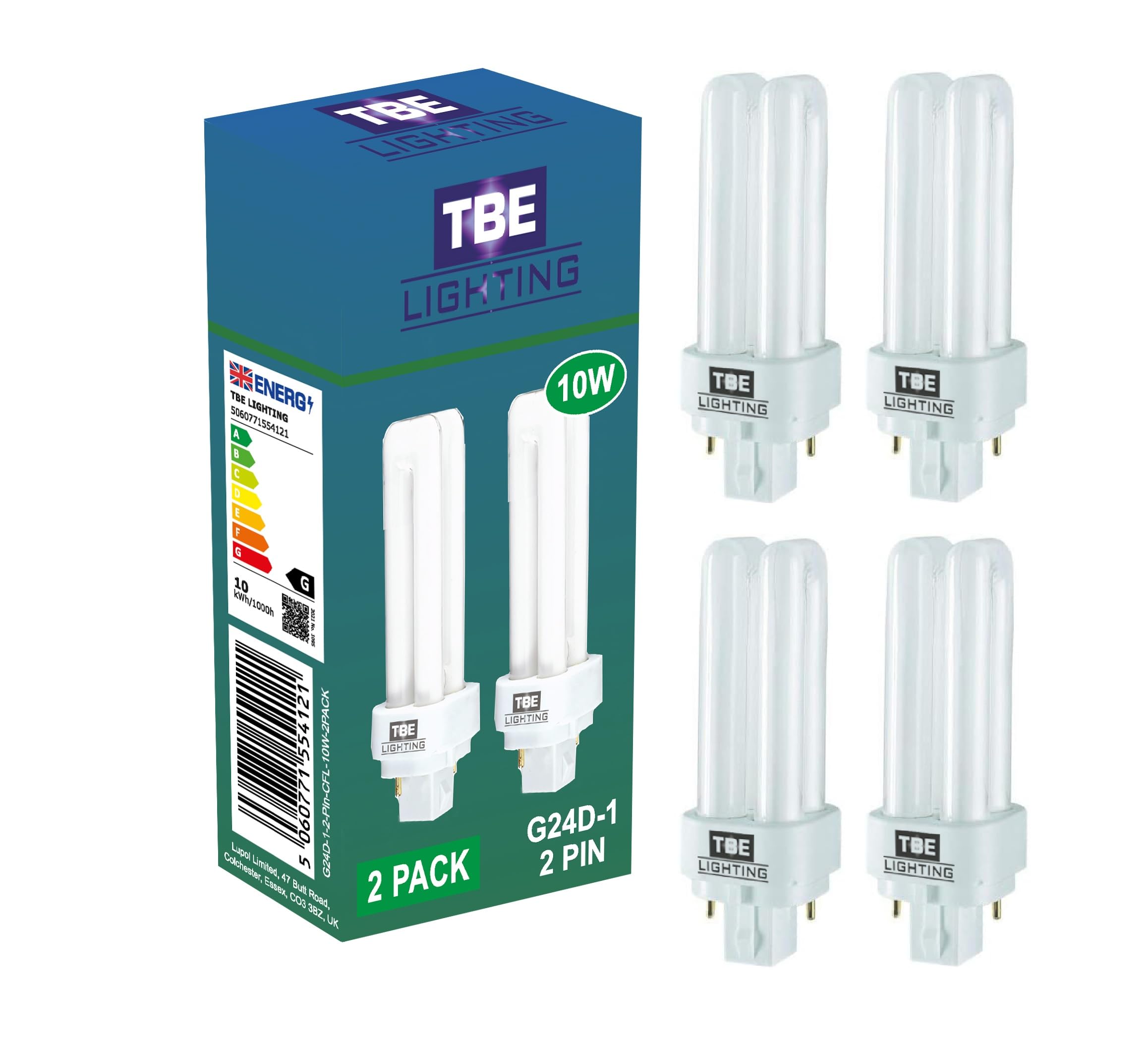 TBE LIGHTING 10w G24D-1 2-Pin CFL Lamp - Pack of 4 Units - Cool White 4000K, 600 Lumen/Double Turn CFL Compact Fluorescent Light