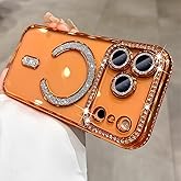 XSHKJDHJS Magnetic Sparkle Diamond for iPhone 17 Pro Max Case[Compatible with MagSafe] Sparkle Diamond Camera Protection Shockproof Clear Cute Glitter Bling for Women and Girls,Orange