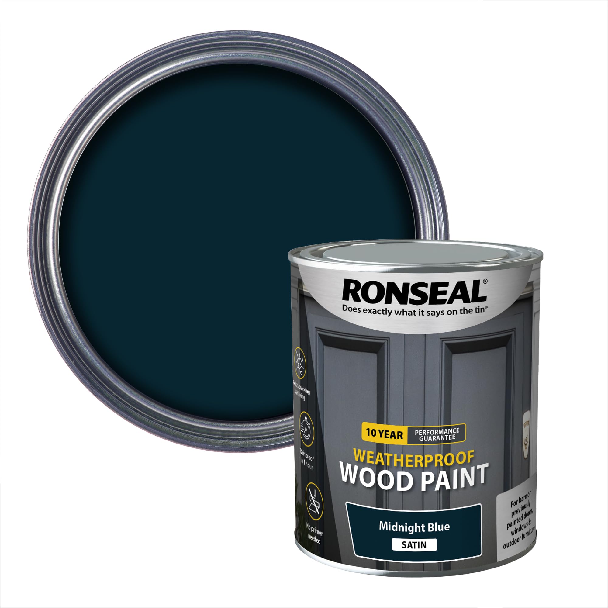 Ronseal 10 Year Weatherproof 2 in 1 Wood Paint Midnight Blue Satin 750ml