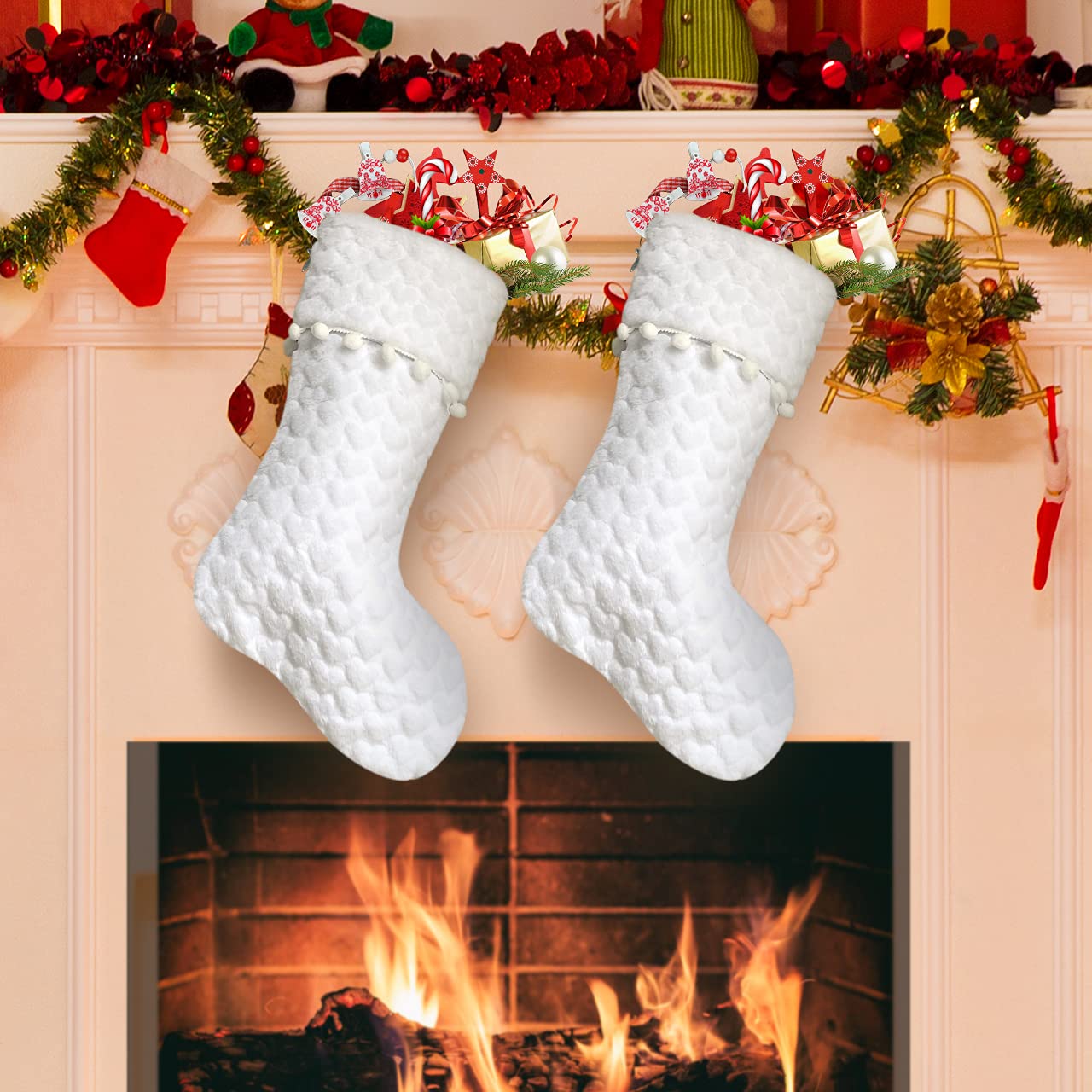 DecroXmas Christmas Stockings White 2 Pack 22 Inch Soft Faux Fur Large Stocking With white pompom design For Xmas Party Fireplace Decoration