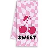Dimurela Pink Cherry Checkered Kitchen Towels, Preppy Hand Towels Decor for Bathroom Girly Room, Trendy Dish Towel, Sweet Fruit Tea Bar Waffle Towel for College Dorm Girls 16x24in