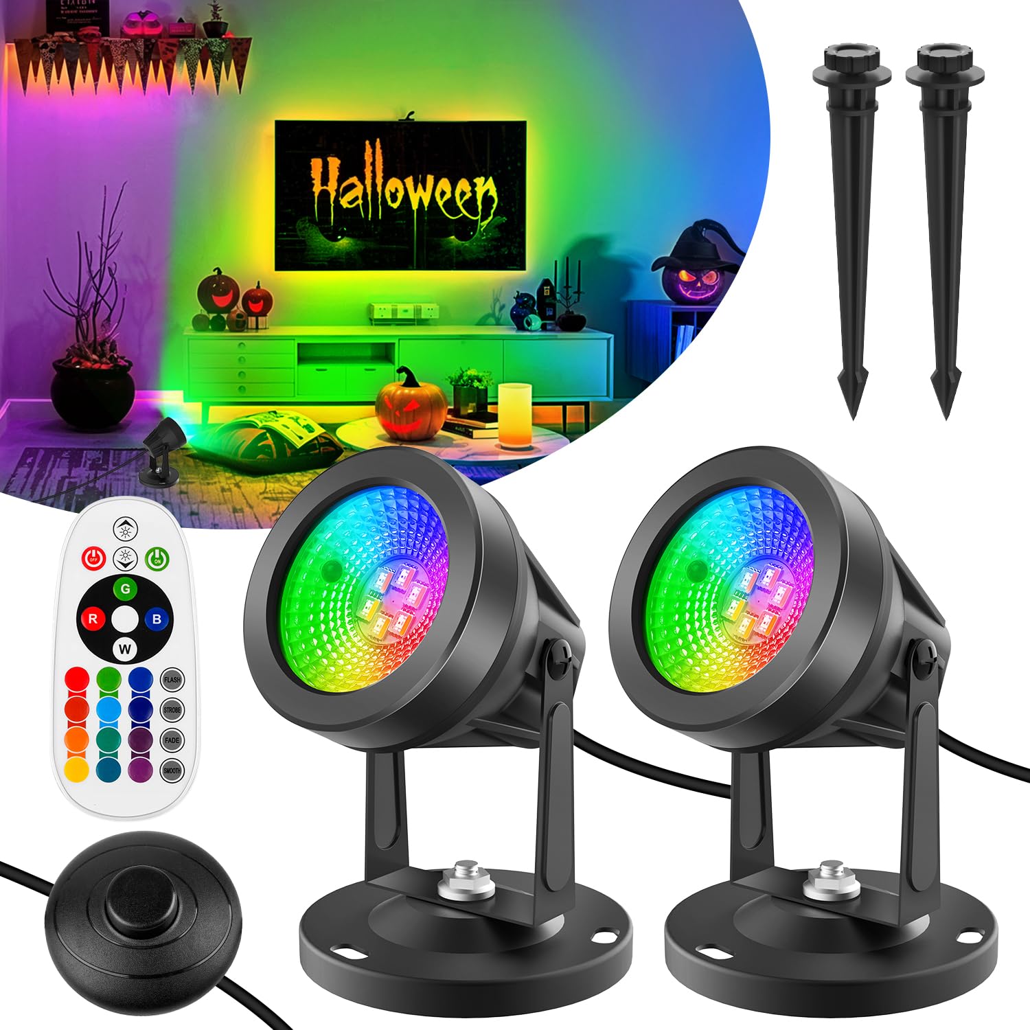 Photo 1 of T-SUN Indoor RGBW Spotlight, LED Floor Lights with Remote Control, Indoor Uplights 16 Colors & Warm White | Foot Switch, Halloween Spotlights for Plants, Home Party Paintings, Stage Decor, Set of 2